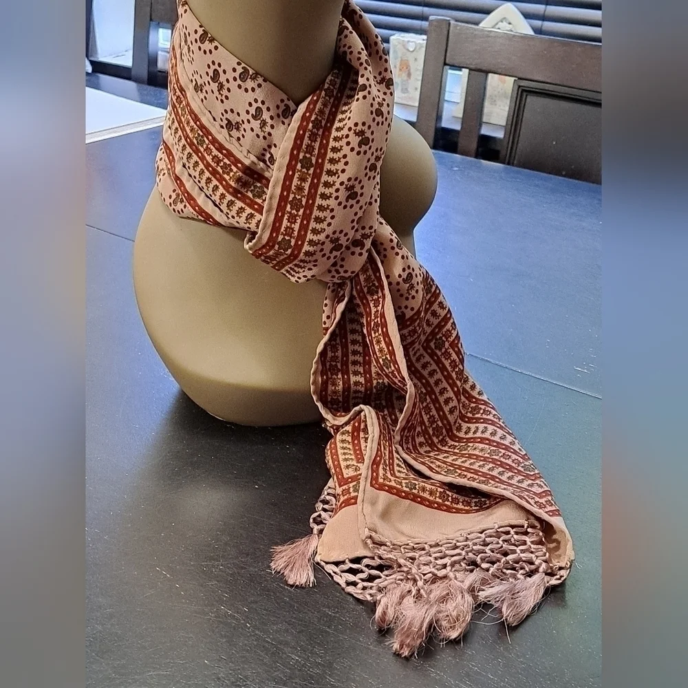 Printed Silk Scarf With A Floral Border & Fringe